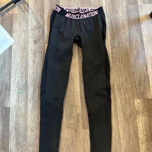 MuscleNation Black Leggings with Pink Logo Waistband